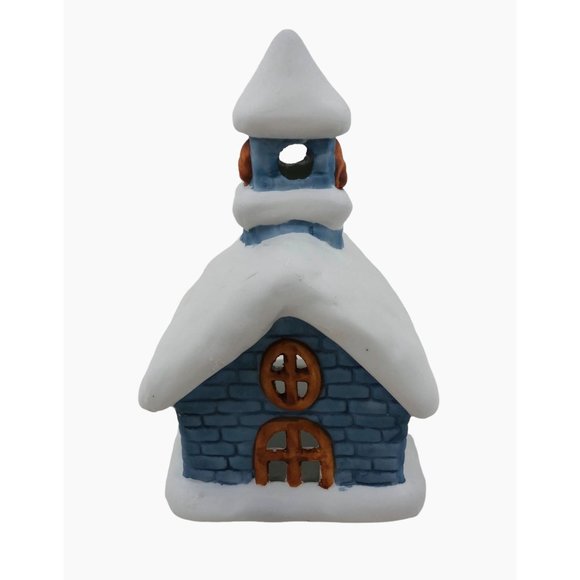 Colonial Candle Holder Winter Blue Ceramic Building Snow Tea Light Votive Holder - Picture 2 of 10